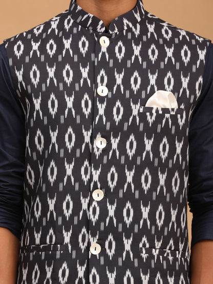 Men's Navy Blue Cotton Blend Straight Jacket  Kurta and Pyjama Set