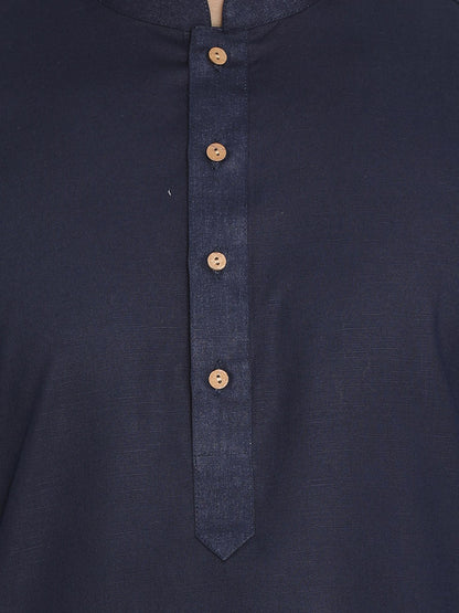 Men's Navy Blue Cotton Blend Straight Jacket  Kurta and Pyjama Set