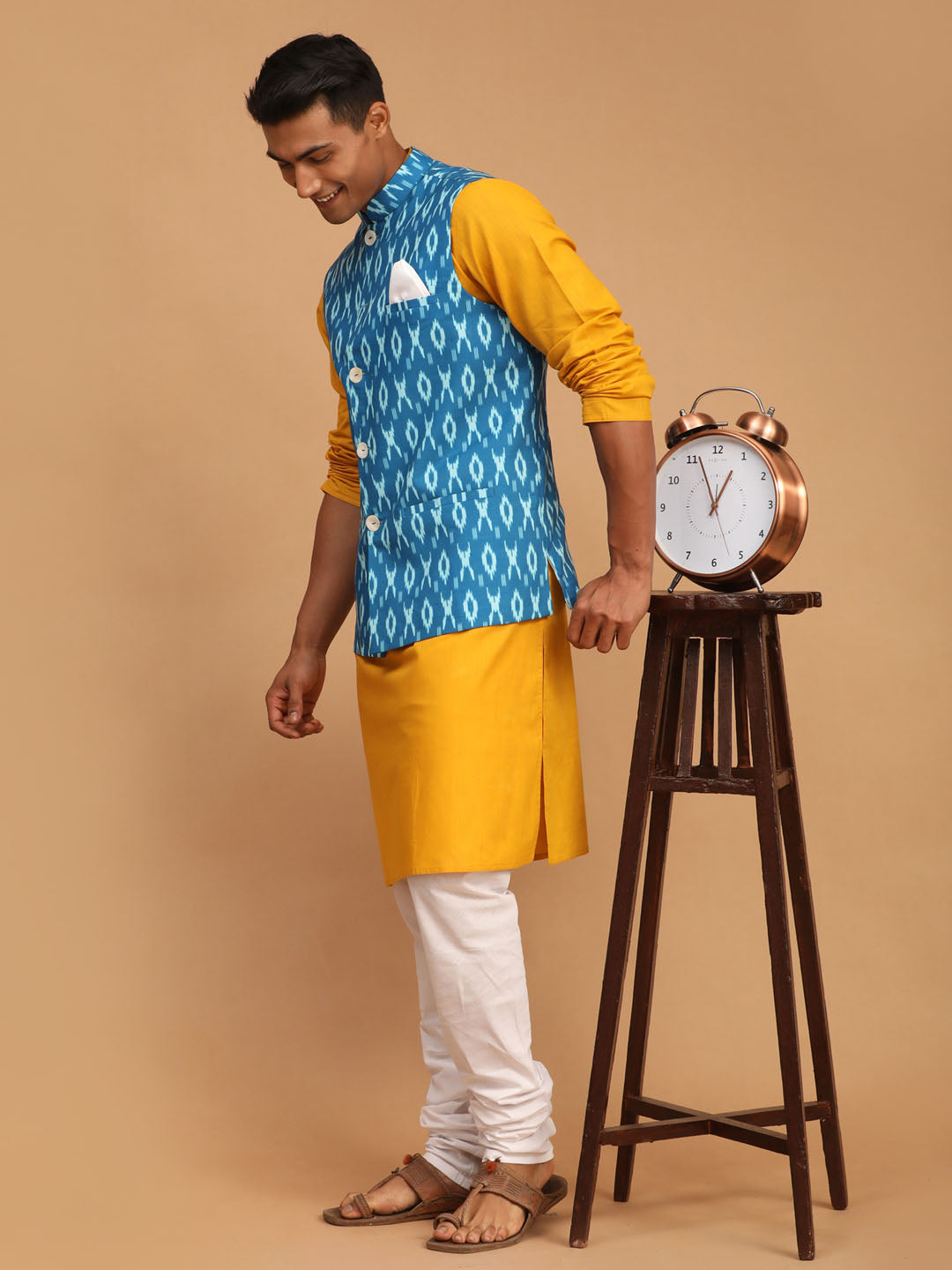 Men's Mustard Cotton Blend Straight Jacket  Kurta and Pyjama Set