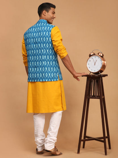 Men's Mustard Cotton Blend Straight Jacket  Kurta and Pyjama Set