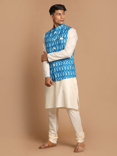 Men's Cream Viscose Straight Jacket  Kurta and Pyjama Set