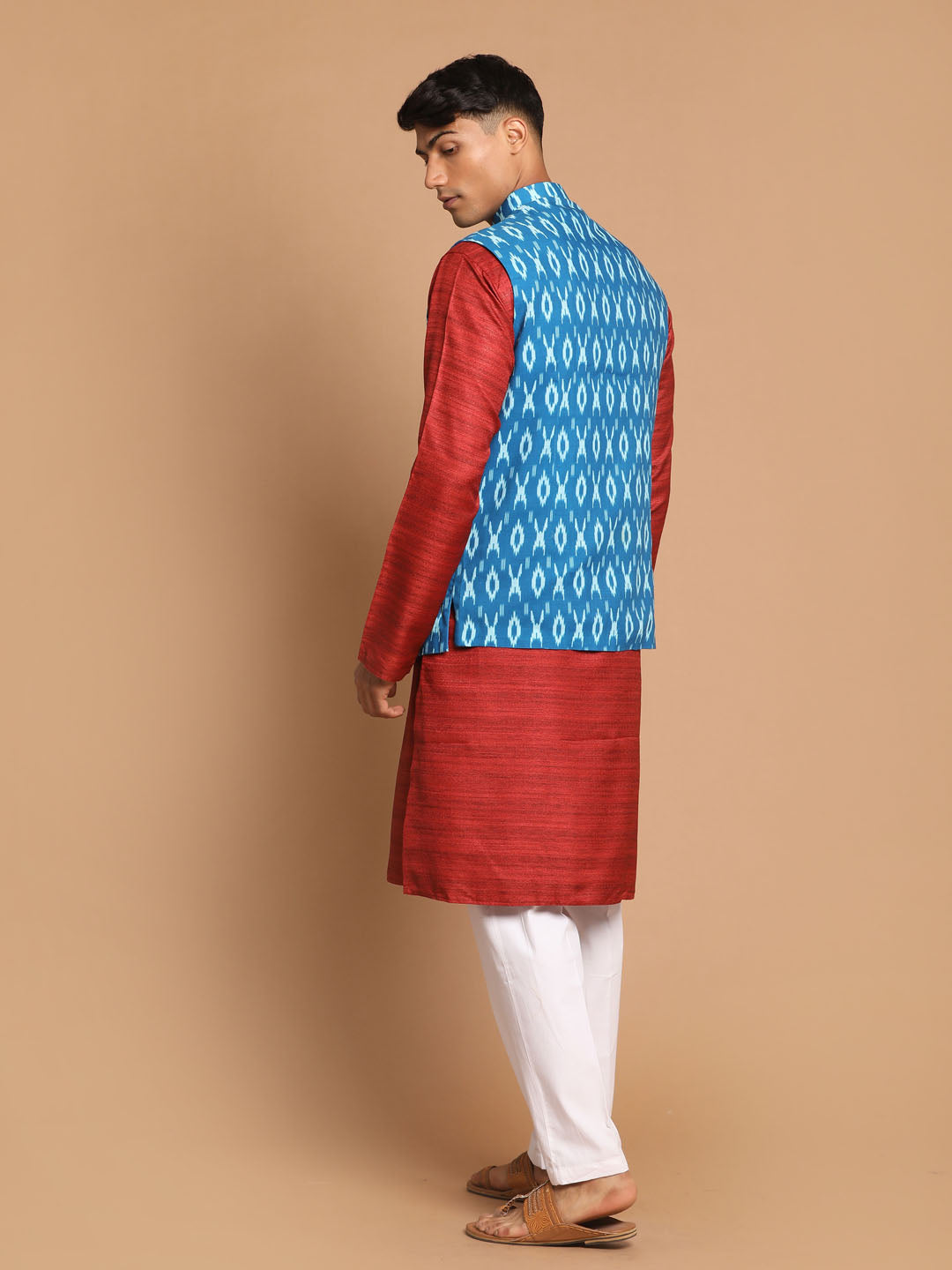 Men's Maroon Cotton Blend Straight Jacket  Kurta and Pyjama Set