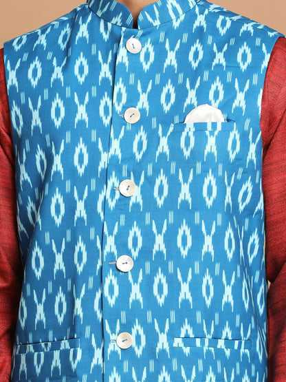 Men's Maroon Cotton Blend Straight Jacket  Kurta and Pyjama Set