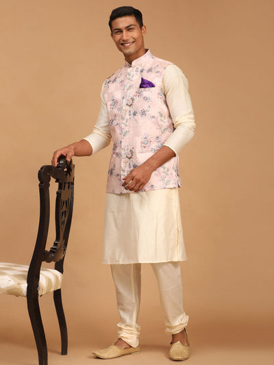 Men's Cream Viscose Straight Jacket  Kurta and Pyjama Set