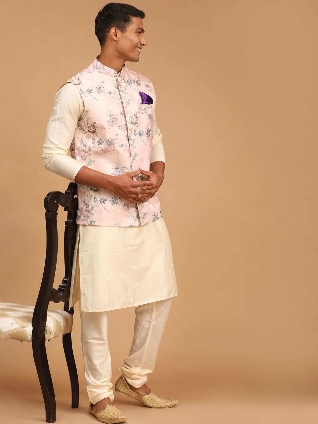 Men's Cream Viscose Straight Jacket  Kurta and Pyjama Set