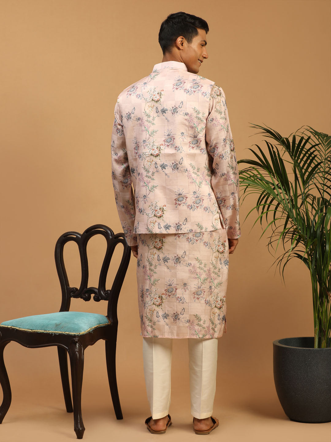 Men's MulticolorBasePeach Cotton Blend Straight Jacket  Kurta and Pyjama Set