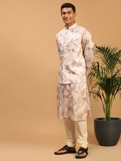 Men's MulticolorBasePeach Cotton Blend Straight Jacket  Kurta and Pyjama Set
