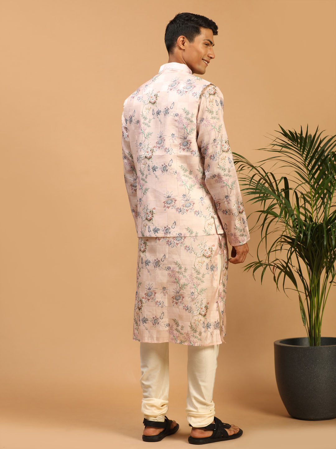 Men's MulticolorBasePeach Cotton Blend Straight Jacket  Kurta and Pyjama Set