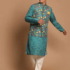 Men's Green Cotton Blend Straight Jacket  Kurta and Pyjama Set