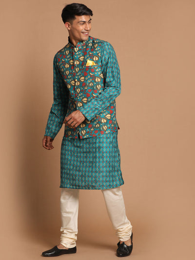 Men's Green Cotton Blend Straight Jacket  Kurta and Pyjama Set