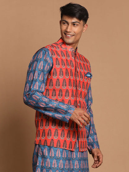 Men's Green Cotton Blend Straight Jacket  Kurta and Pyjama Set
