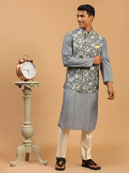 Men's Grey Cotton Blend Straight Jacket  Kurta and Pyjama Set