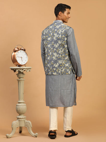 Men's Grey Cotton Blend Straight Jacket  Kurta and Pyjama Set