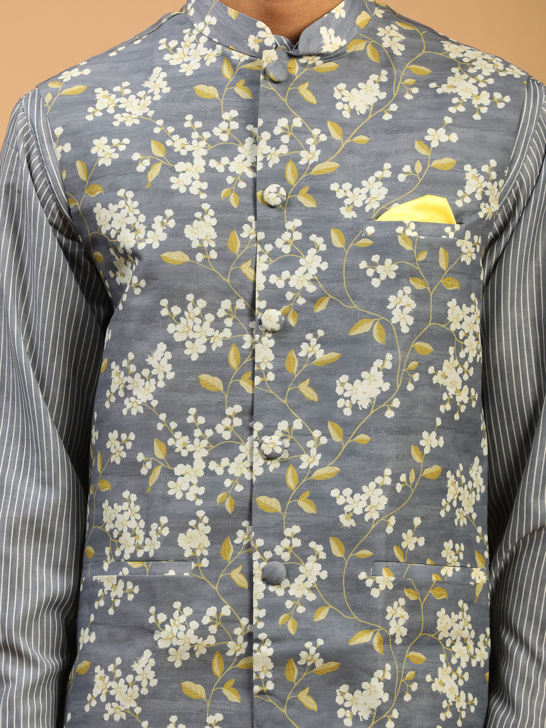 Men's Grey Cotton Blend Straight Jacket  Kurta and Pyjama Set