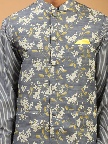 Men's Grey Cotton Blend Straight Jacket  Kurta and Pyjama Set