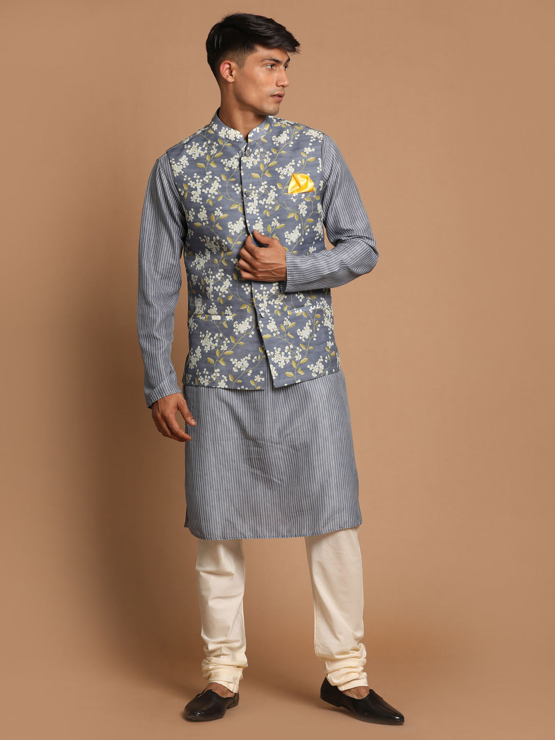 Men's Grey Cotton Blend Straight Jacket  Kurta and Pyjama Set