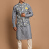 Men's Grey Cotton Blend Straight Jacket  Kurta and Pyjama Set