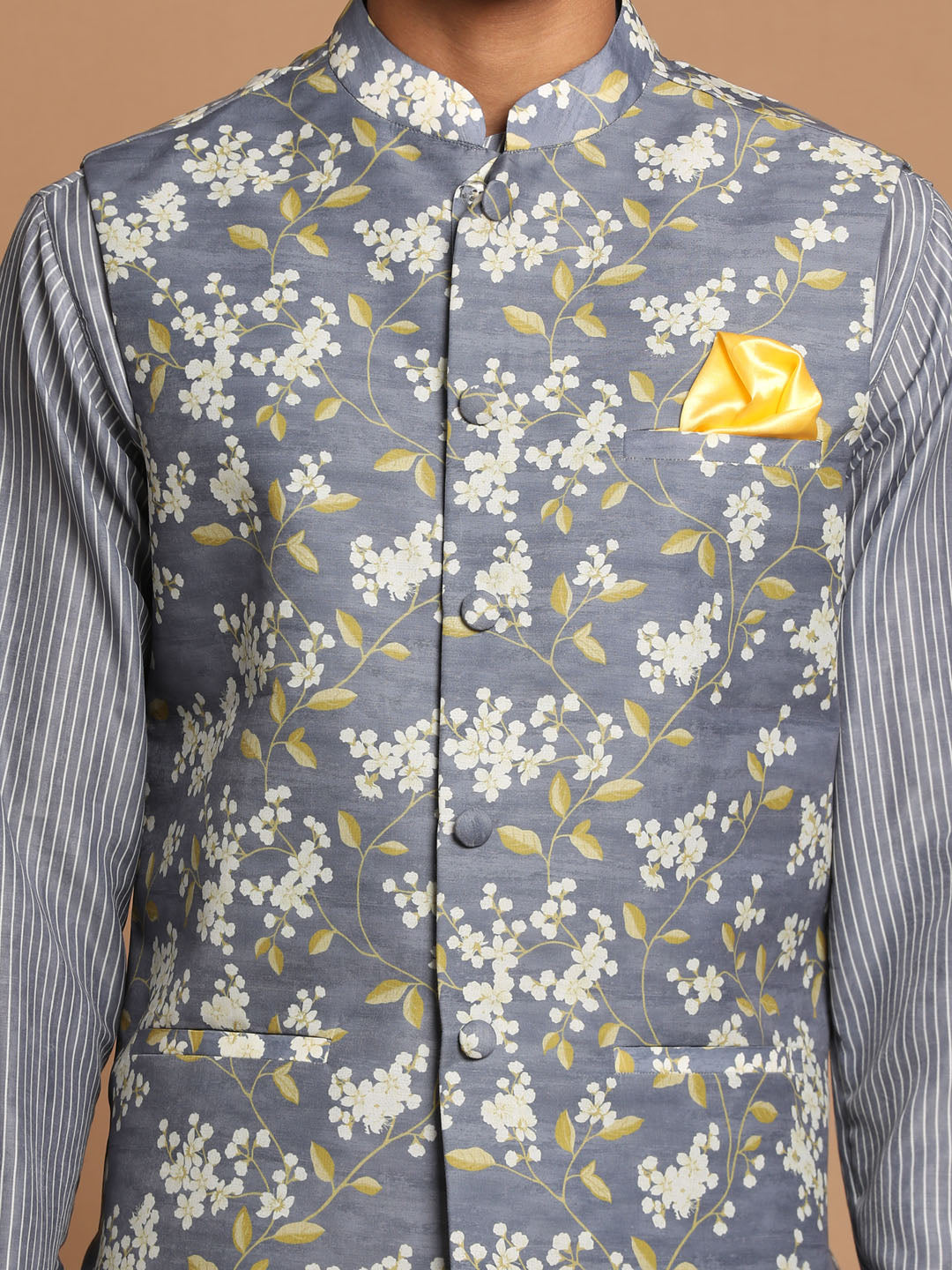 Men's Grey Cotton Blend Straight Jacket  Kurta and Pyjama Set