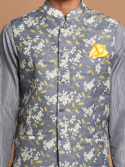 Men's Grey Cotton Blend Straight Jacket  Kurta and Pyjama Set