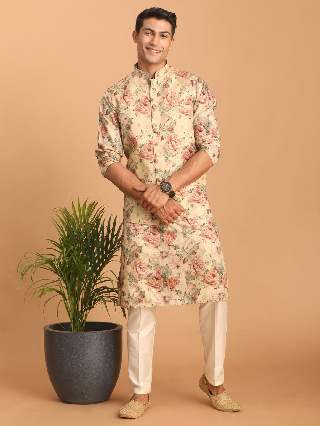 Men's Multicolor Cream Base Silk Blend Straight Jacket  Kurta and Pyjama Set