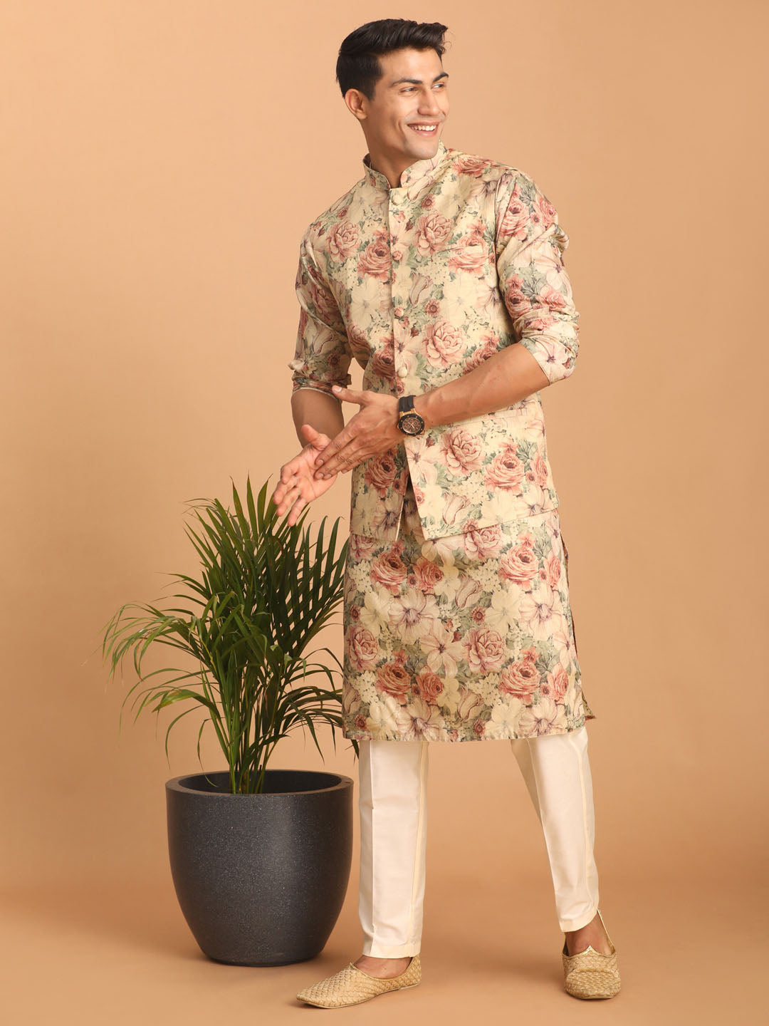 Men's Multicolor Cream Base Silk Blend Straight Jacket  Kurta and Pyjama Set