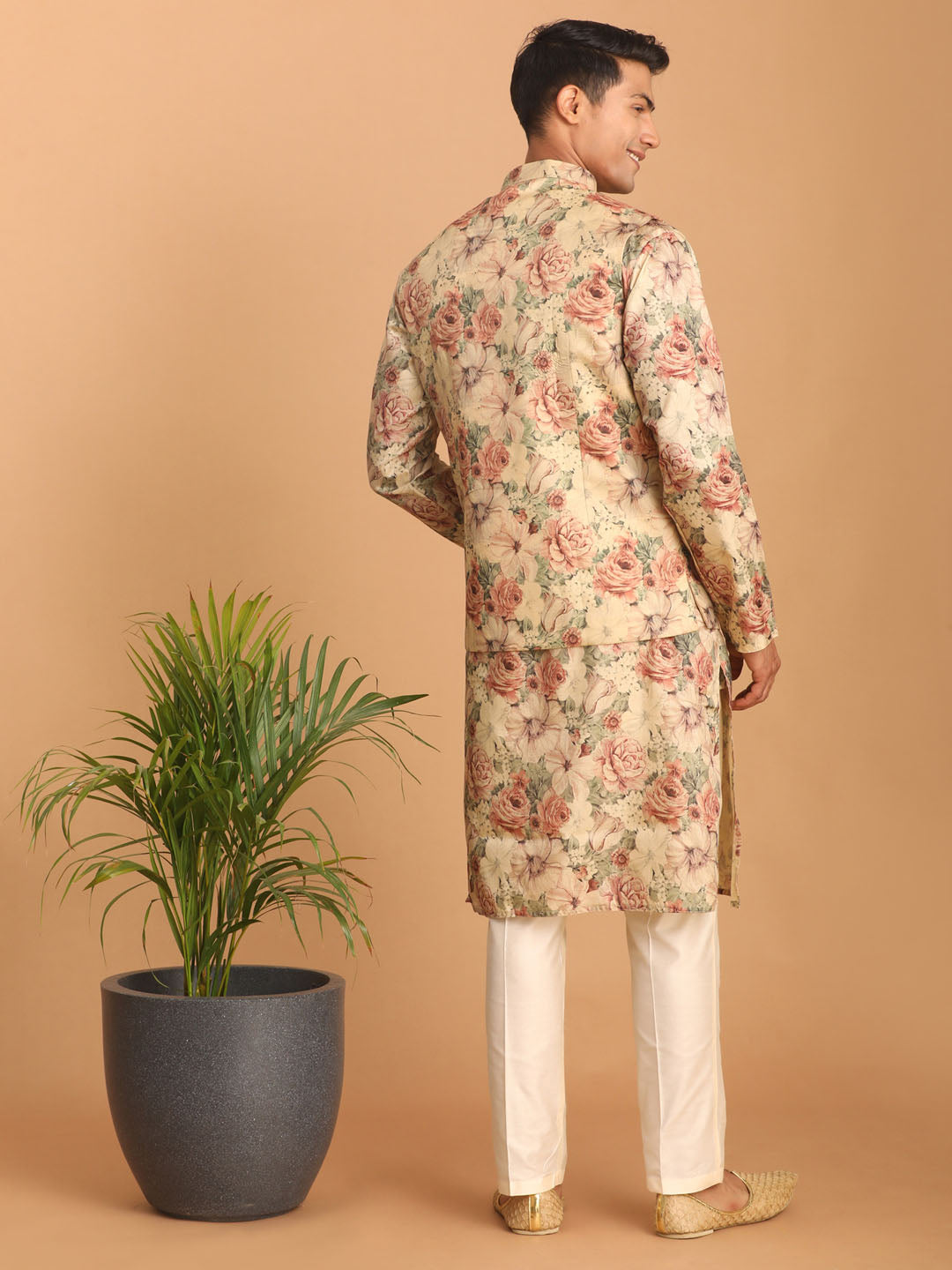 Men's Multicolor Cream Base Silk Blend Straight Jacket  Kurta and Pyjama Set