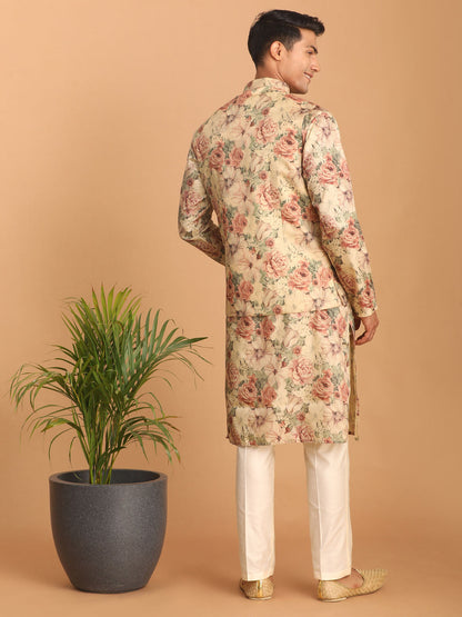 Men's Multicolor Cream Base Silk Blend Straight Jacket  Kurta and Pyjama Set