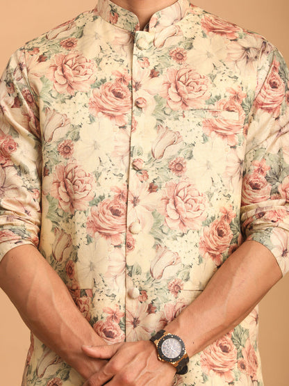 Men's Multicolor Cream Base Silk Blend Straight Jacket  Kurta and Pyjama Set