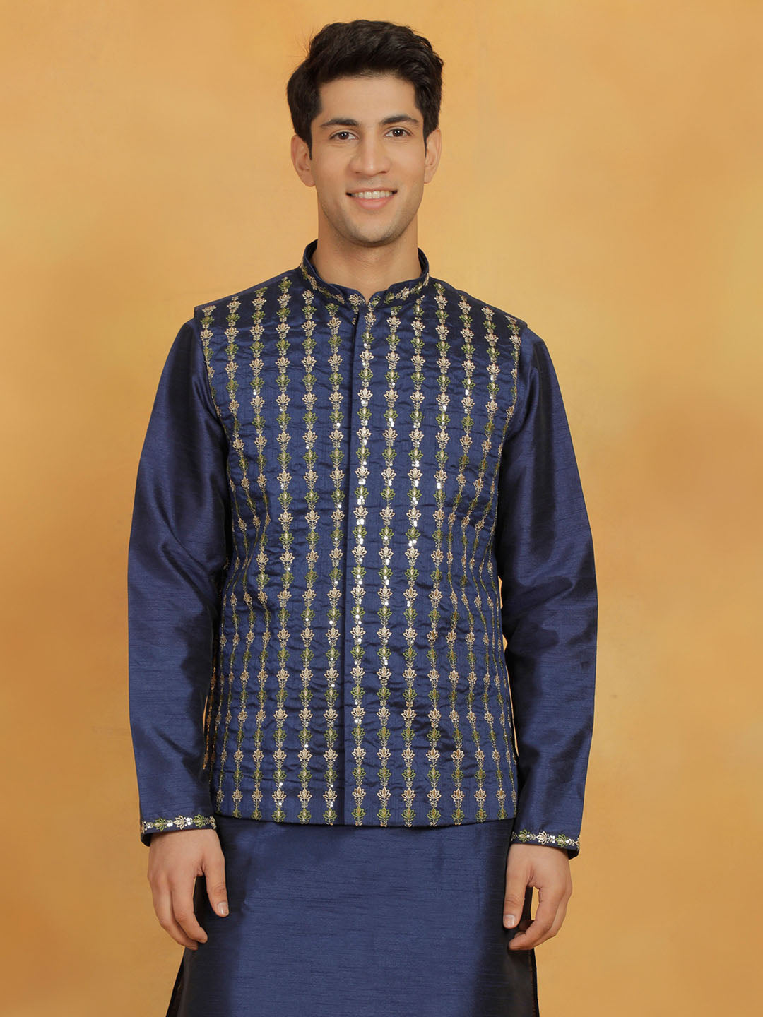 Men's Navy Blue Dupion Silk Straight Kurta Pyjama Set