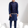 Men's Navy Blue Cotton Silk Straight Jacket  Kurta and Pyjama Set