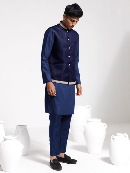 Men's Navy Blue Cotton Silk Straight Jacket  Kurta and Pyjama Set