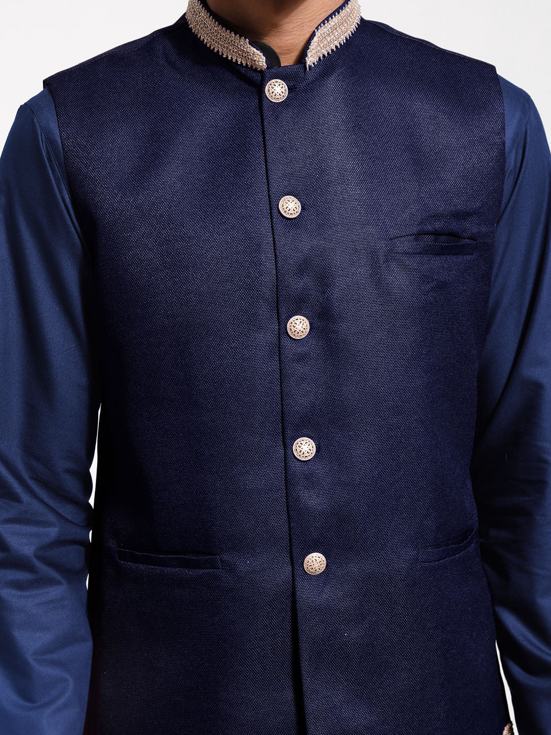Men's Navy Blue Cotton Silk Straight Jacket  Kurta and Pyjama Set