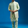 Men's Mint Green Silk Blend Straight Jacket Kurta And Pyjama Set.