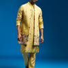 Men's Mustard Silk Blend Straight Jacket Kurta And Pyjama Set.