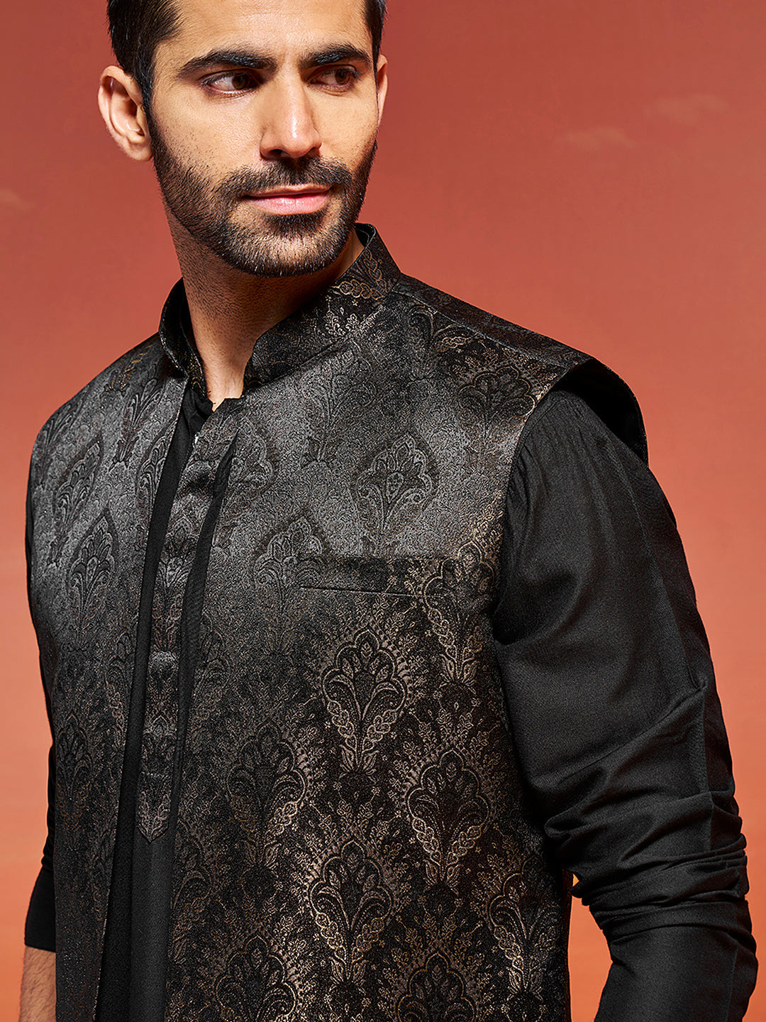Men's Black Viscose Straight Jacket Kurta And Pyjama Set.