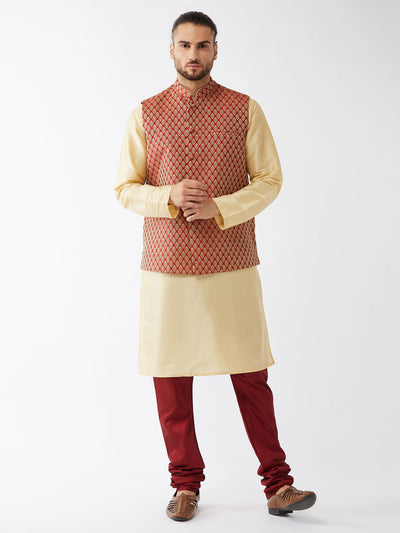 Men's Gold Silk Blend Straight Jacket  Kurta and Pyjama Set