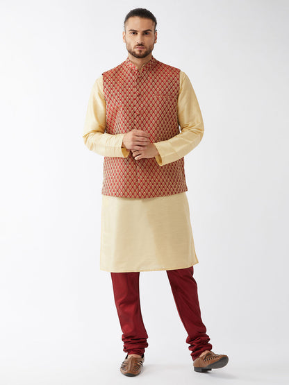 Men's Gold Silk Blend Straight Jacket  Kurta and Pyjama Set