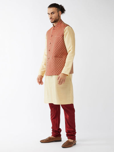 Men's Gold Silk Blend Straight Jacket  Kurta and Pyjama Set