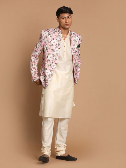 Men's Cream Viscose Straight Jacket  Kurta and Pyjama Set