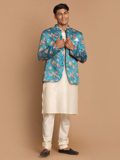 Men's Cream Viscose Straight Jacket  Kurta and Pyjama Set