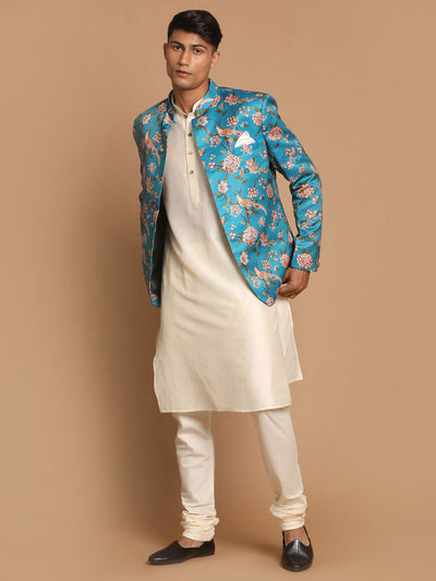 Men's Cream Viscose Straight Jacket  Kurta and Pyjama Set