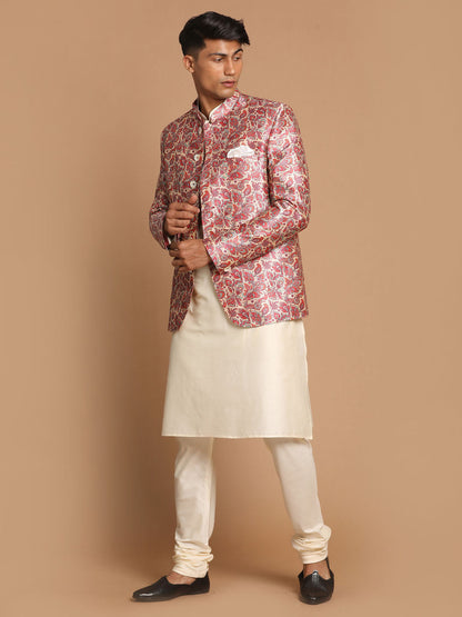 Men's Cream Viscose Straight Jacket  Kurta and Pyjama Set