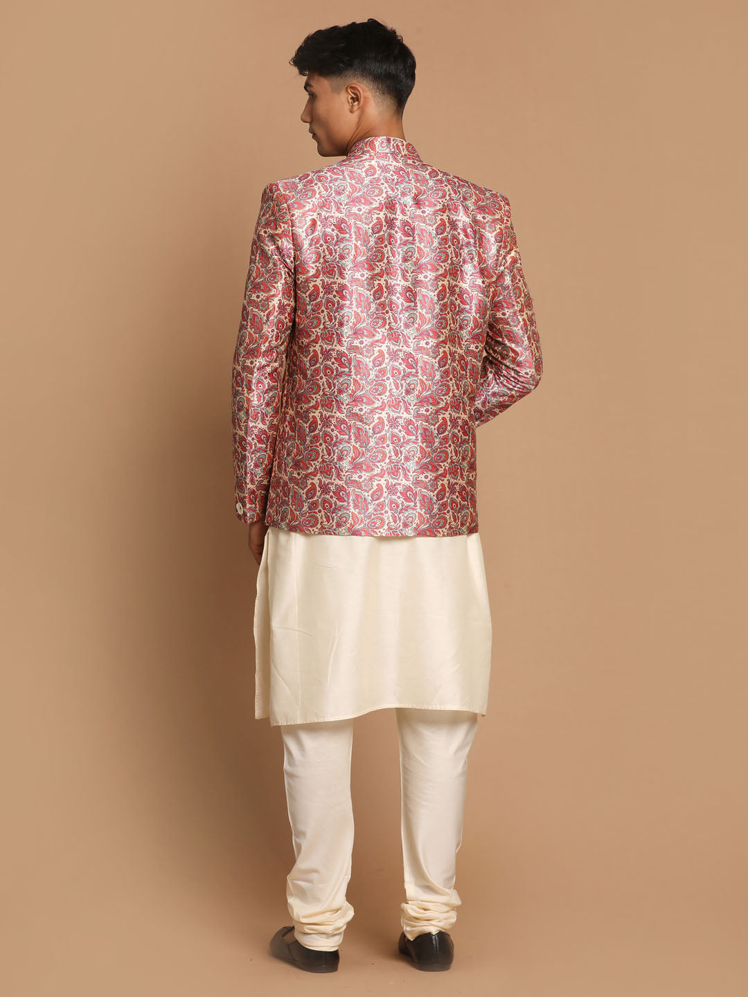 Men's Cream Viscose Straight Jacket  Kurta and Pyjama Set
