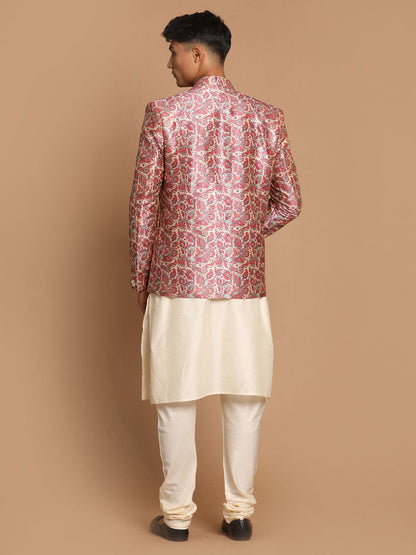 Men's Cream Viscose Straight Jacket  Kurta and Pyjama Set