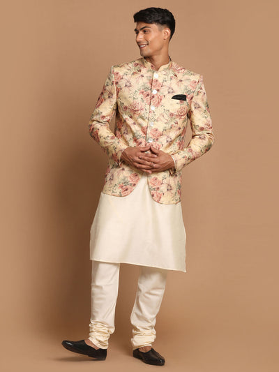 Men's Cream Viscose Straight Jacket  Kurta and Pyjama Set