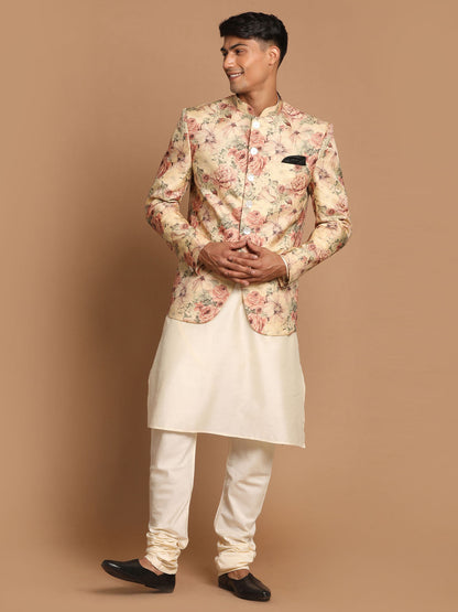 Men's Cream Viscose Straight Jacket  Kurta and Pyjama Set