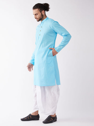 Men's Aqua Cotton Blend Straight Kurta and Dhoti Set