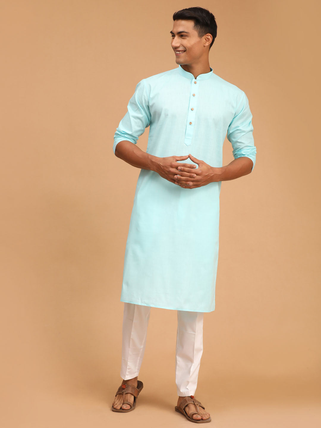 Men's Aqua Cotton Blend Straight Kurta Pyjama Set