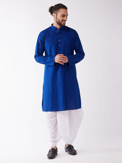 Men's Blue Cotton Blend Straight Kurta and Dhoti Set