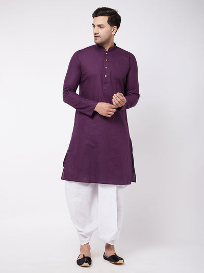 Men's Purple Cotton Blend Straight Kurta and Dhoti Set